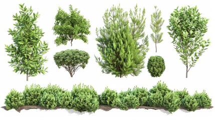 Green bushes and shrubs, isolated on white background