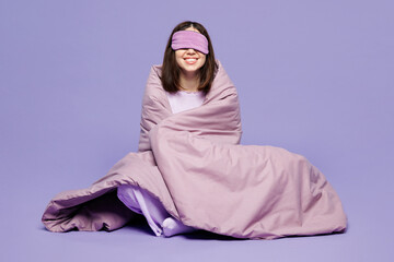 Full body young calm fun woman wear pyjamas jam cover eyes with sleep eye mask rest relax at home...