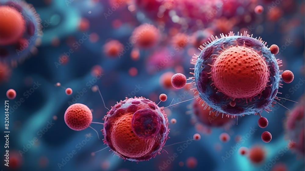 Poster macro image of several microbial species. bacteria and virus cells against an abstract background. d