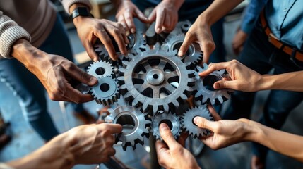 A group of people are holding gears together, symbolizing teamwork
