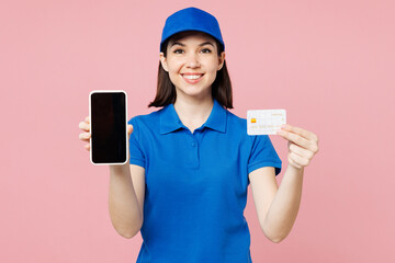 Delivery girl employee woman in blue cap t-shirt uniform workwear work as dealer courier use show...