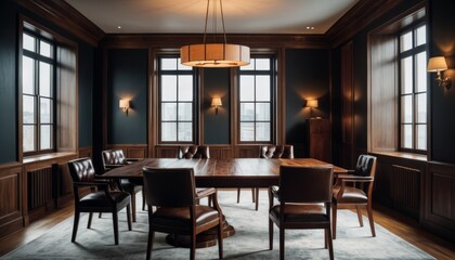 A sophisticated boardroom boasting a large wooden table, leather chairs, and wood-paneled walls under soft lighting.. AI Generation