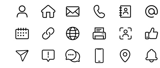 Illustration Vector Graphic of contact us line icon design template. company connection business card, curriculum vitae icon set. Profile, website, address, location and mail logo symbol sign pack.