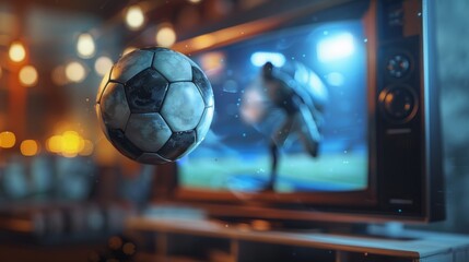 illustration of a soccer ball flying out of a TV screen. Created with Generative AI