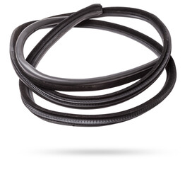 Fototapeta premium Rolled up black rubber sealant for elements of the car body, doors or trunk, for noise insulation, thermal and sound, preventing heat loss in the car interior. Sealing gasket for repair in a workshop.