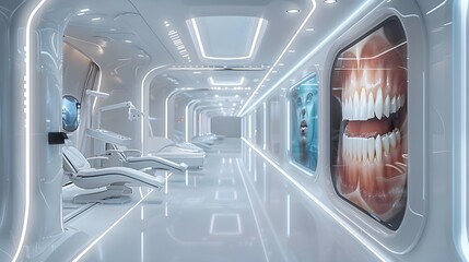 Obraz premium Future dental clinic tooth anatomy, advanced modern health care technology dentist, 3d illustration of holographic x-ray digital display, innovative dentistry science oral medicine implant treatment.