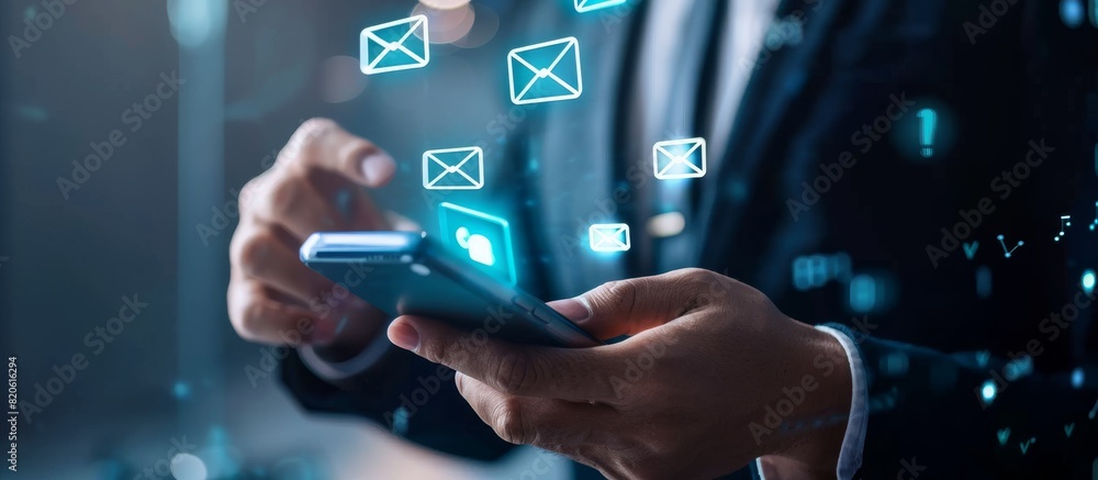 Poster A businessmans hand is seen touching a smartphone displaying email notification icons in a modern office setting, highlighting digital communication and technology in the corporate world