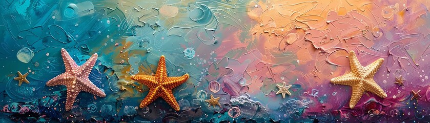Floating sea stars, pastel hues, abstract, soft textures