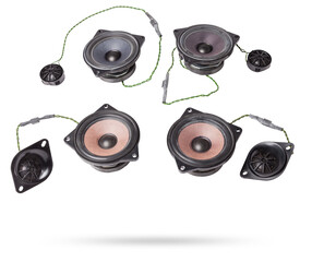speakers of an acoustic system - an audio for playing music in a car interior on a white isolated...