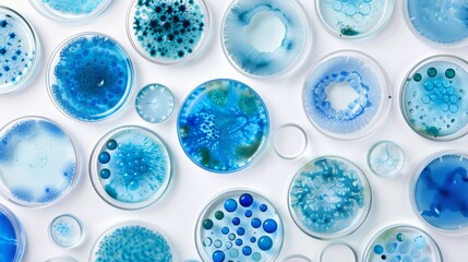Microalgae Variety in Laboratory Petri Dishes wallpaper pattern. Top view of diverse blue microalgae samples in scientific petri dishes on white background.