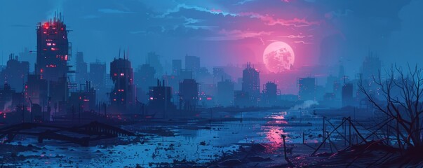 Obraz premium A post-apocalyptic cityscape engulfed in the eerie glow of bioluminescent fungi, with dilapidated skyscrapers and crumbling streets overrun by nature's reclaiming embrace. illustration.