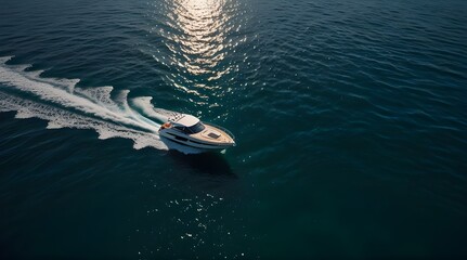 Aerial view of speed motor boat on open blue sea.generative.ai 