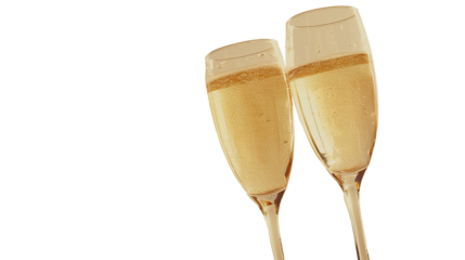 Two champagne glasses clinking together in a celebratory toast, bubbles rising from the effervescent liquid, symbolizing joy, success, and jubilation against a transparent background