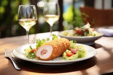 Stuffed chicken cutlet on white plate