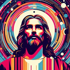 Minimal Vector Illustration of Jesus Christ Against an Abstract Colorful Background. A Digital Painting That Merges Spirituality with Modern Art.
