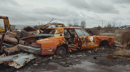 A car is in a junkyard with other cars and debris