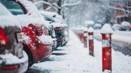 Cars parked in a parking lot along a city street in winter. car covered with snow