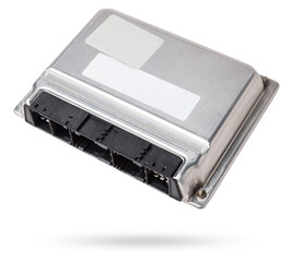 car engine control unit with metal elements on a white isolated background is the connecting center of various subsystems, units and assemblies. Monitoring the state of the moment. Spare part