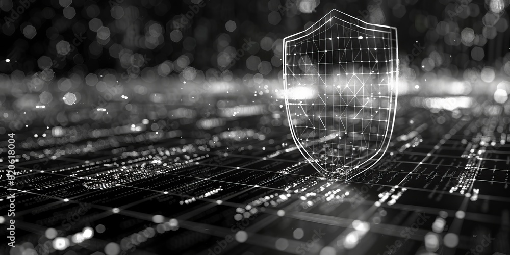 Poster wireframe of cybersecurity shield: data protection and privacy. concept cybersecurity, data protecti