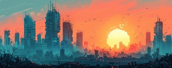 A cybernetic wasteland where towering skyscrapers and crumbling factories loom against the horizon, their broken windows and twisted metal serving as silent reminders of a civilization lost to time.