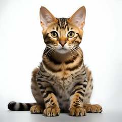 Bengal cat sitting on white background and looking at camera.