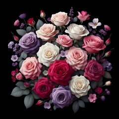 A bouquet of colorful roses and purple flowers on a black background.
