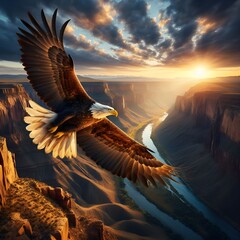 An eagle soars over a river and canyon at sunset.