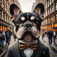 A bulldog wearing a suit and bow tie stands on a busy city street.
