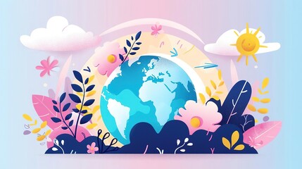 Obraz premium A beautiful digital painting of the Earth, surrounded by colorful flowers and plants