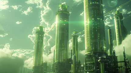 A futuristic cityscape with tall green buildings and a cloudy sky