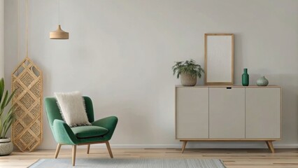 bohemian interior mockup of empty white wall with wooden cabinet, green armchair and floor lamp