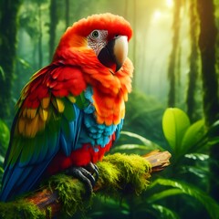 A colorful parrot perched on a mossy branch in a lush forest.