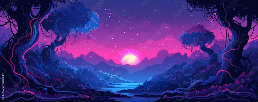 Poster a cybernetic jungle where neon vines entwine with metallic trees, creating an otherworldly landscape