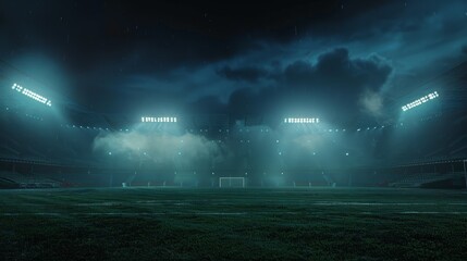 Secluded stadium at night under bright spotlights, soccer field with dark sky and lights, dramatic...