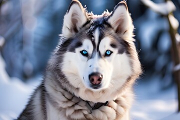 A husky dog with blue eyes and snow on its head is sitting in the snow.
