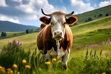 A cow with horns stands in a field of tall grass and flowers.