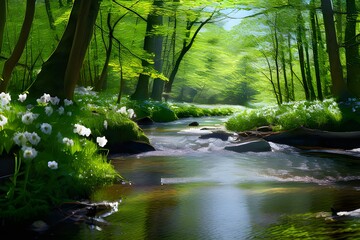 A river flows through a lush forest filled with green trees and white flowers.