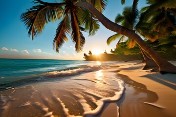A sandy beach with palm trees and the sun setting in the background.