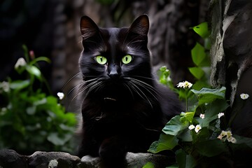 A black cat with green eyes sits on a stone wall surrounded by green plants and white flowers.
