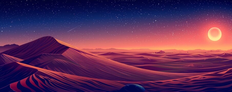 A cosmic desert stretching across the surface of a distant planet, its endless dunes and barren wastelands a harsh reminder of the vastness of space.   illustration.
