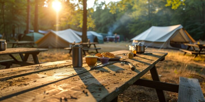 Outdoor kitchen equipment and wooden table set with field tents group in camping area at natural parkland illustration
