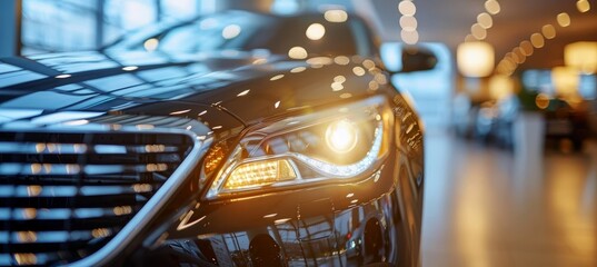 Luxurious black car displayed in modern showroom of car dealership for sale and rent business
