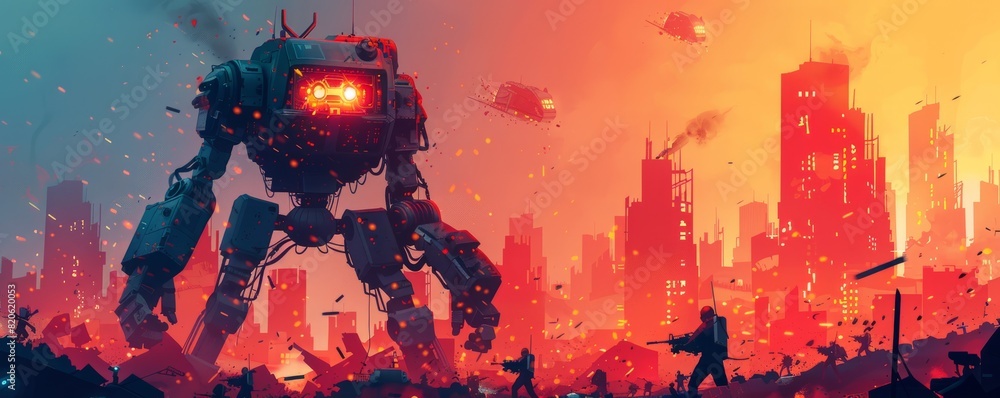Wall mural A cybernetic battlefield where robotic soldiers clash in a fierce struggle for dominance, their mechanical limbs tearing through the wreckage of war-torn cities.   illustration. - Wall murals