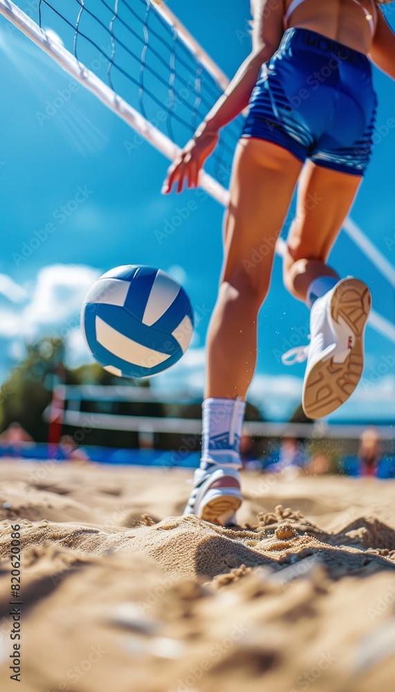 Poster dynamic beach volleyball block player s feet in action at the net, exemplifying agility and timing