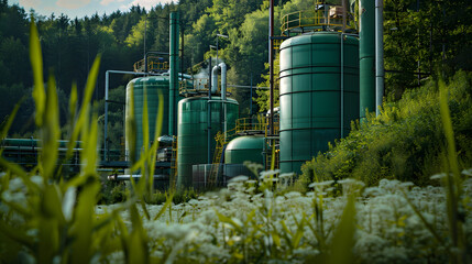 A green industrial area with a lot of trees and plants