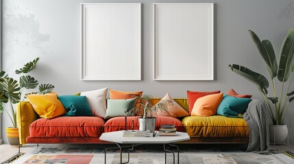 A trendy living space with two white frames on a light grey wall, featuring a vibrant sofa, eclectic decor, and a stylish coffee table,