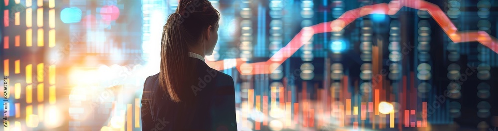 Poster Businesswoman is analyzing financial data using stock market graphs and cryptocurrency interface. The process involves studying market trends, data visualization, and making investment strategies