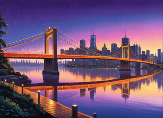 a painting of a bridge over a body of water