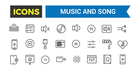 Music and song icon set, vector, thin line icons collection. Editable vector icon and illustration.