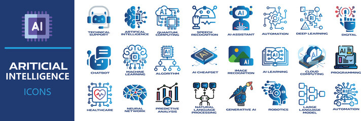 Artificial intelligence icon set. Containing machine learning, AI, generative AI, technology, virtual assistant , Robotics, Technical support, LLM and more. Solid vector icons collection